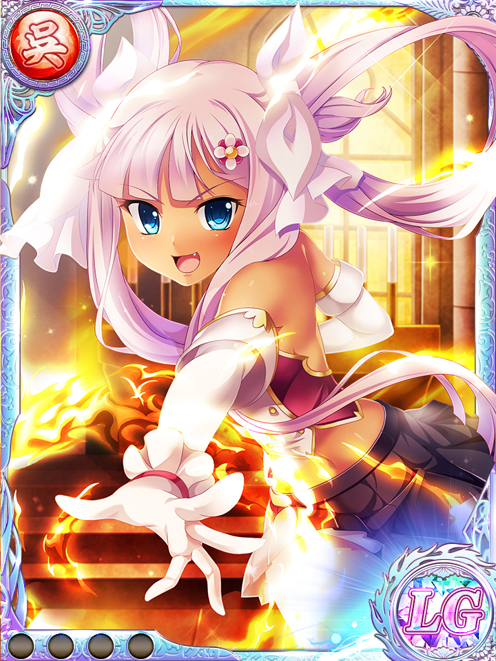 1girl bare_shoulders black_skirt blue_eyes card_(medium) elbow_gloves fang fire gloves hair_ornament hairclip hikage_eiji koihime_musou long_hair midriff miniskirt navel official_art open_mouth outstretched_arm pink_hair ribbon shirt skirt solo sonshoukou twintails white_gloves