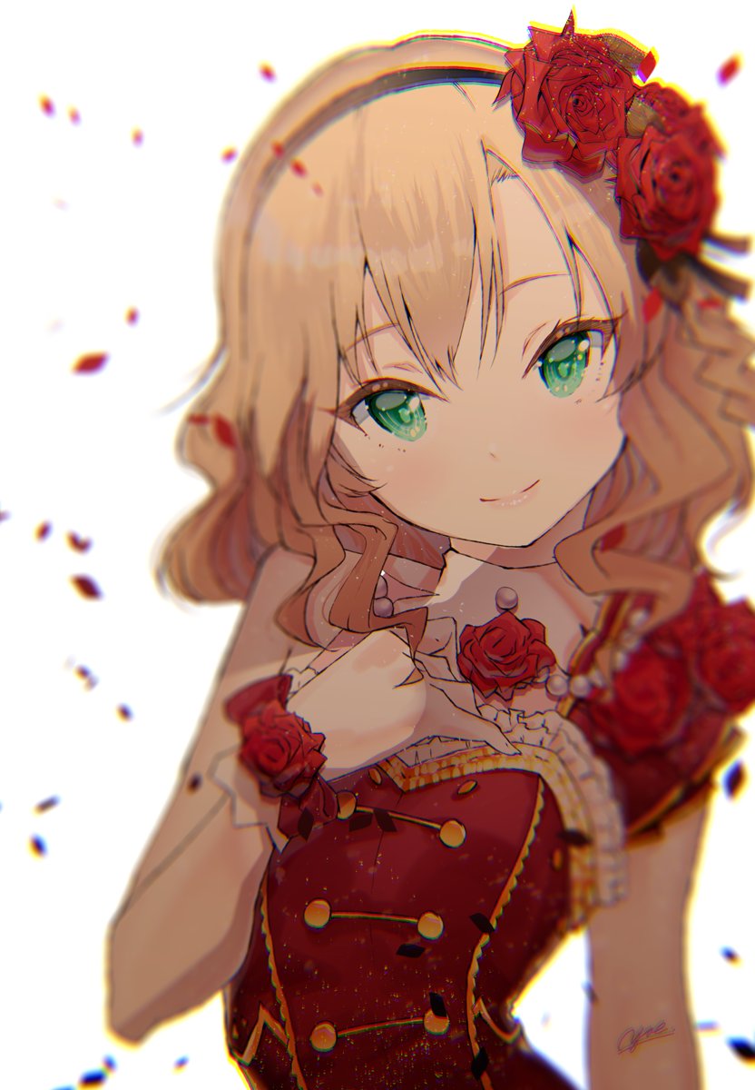 1girl bare_shoulders black_hairband blonde_hair blurry chromatic_aberration commentary corsage depth_of_field dress flower frills gloves gold_trim green_eyes hair_flower hair_ornament hairband hand_on_own_chest highres idolmaster idolmaster_cinderella_girls idolmaster_cinderella_girls_starlight_stage looking_at_viewer petals red_dress rose rose_petals sakurai_momoka short_hair signature simple_background sleeveless sleeveless_dress smile solo upper_body wavy_hair white_background white_gloves wrist_flower yae_(mono110)