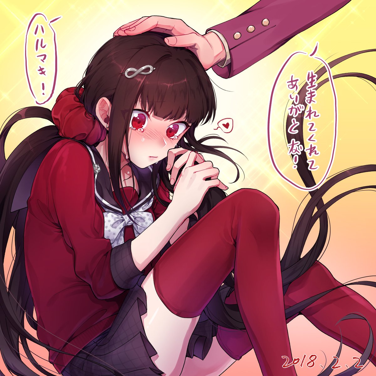 1boy 1girl bangs black_sailor_collar black_skirt blunt_bangs blush bow bowtie closed_mouth crying crying_with_eyes_open dangan_ronpa dated earrings feet_out_of_frame gradient gradient_background hair_ornament hair_scrunchie hairpin hand_on_another's_head harukawa_maki highres infinity jewelry knee_up long_hair long_sleeves looking_away looking_down low_twintails miniskirt momota_kaito nanin new_dangan_ronpa_v3 nose_blush petting playing_with_own_hair red_legwear red_shirt sailor_collar school_uniform scrunchie serafuku shirt sitting skirt solo_focus speech_bubble streaming_tears stud_earrings tareme tears thigh-highs translation_request twintails very_long_hair white_bow white_neckwear yellow_background zettai_ryouiki