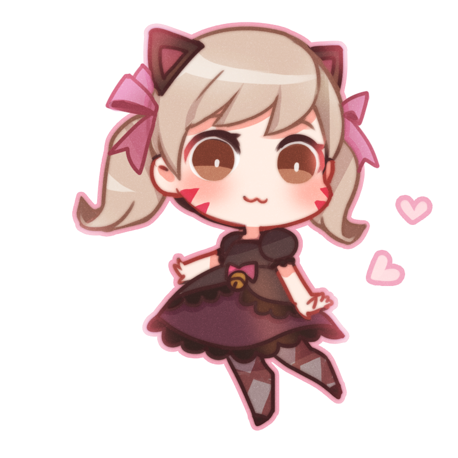 1girl :3 animal_ears argyle argyle_legwear atobesakunolove black_cat_d.va black_dress blonde_hair blush bow brown_eyes cat_ears chibi closed_mouth d.va_(overwatch) dress facial_mark full_body hair_bow heart looking_at_viewer overwatch pantyhose pink_bow puffy_short_sleeves puffy_sleeves short_hair short_sleeves simple_background solo twintails white_background