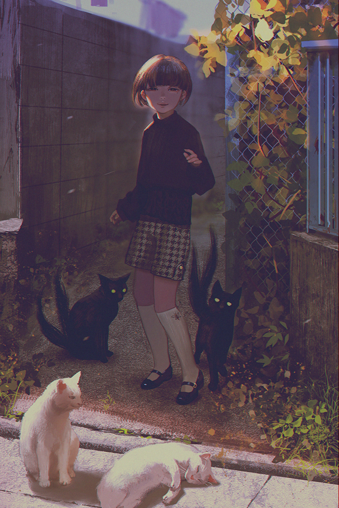 1girl bangs black_cat black_footwear black_sweater blunt_bangs brown_hair cat cat_focus commentary_request creepy day fence long_sleeves looking_at_viewer mary_janes multiple_tails nekomata original outdoors parted_lips shoes short_shorts shorts smile socks solo sweater tail tomono_rui two_tails wall white_cat white_legwear