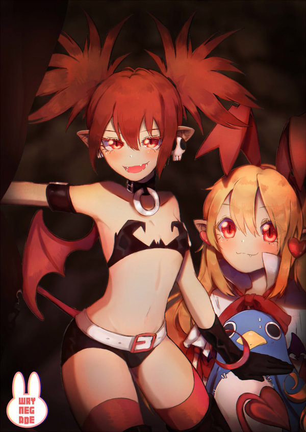 2girls belt blonde_hair boots choker demon_tail disgaea disgaea_d2 etna fang flat_chest flonne flonne_(fallen_angel) gloves long_hair looking_at_viewer multiple_girls navel pointy_ears prinny red_eyes redhead slit_pupils tail thigh-highs thigh_boots twintails wrynegade