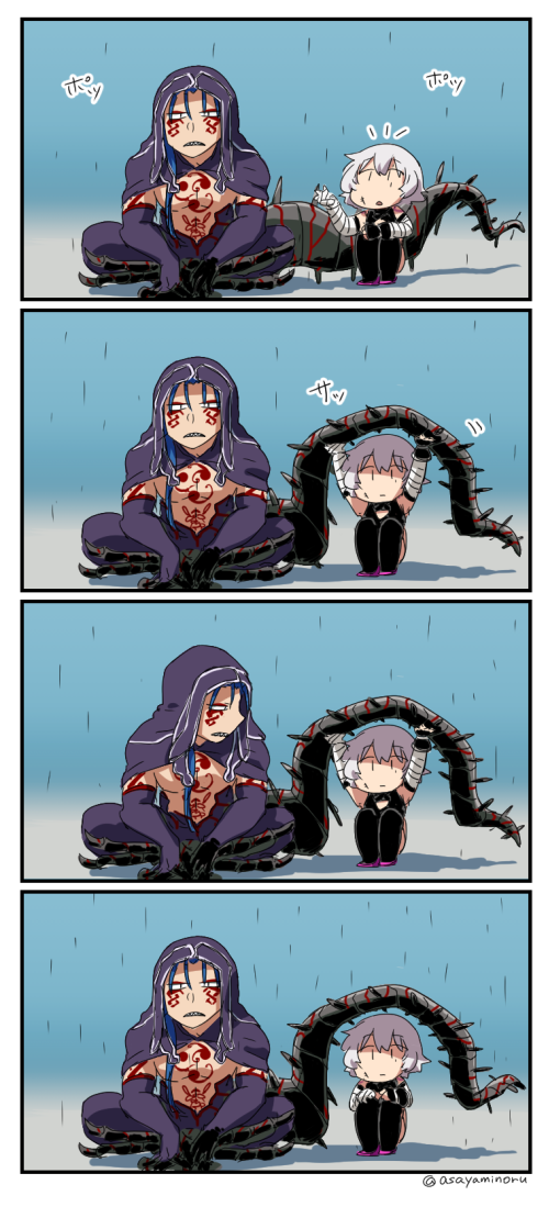 1boy 1girl 4koma asaya_minoru bandage bandaged_arm bangs bare_chest bare_shoulders black_legwear blue_hair comic commentary_request cu_chulainn_alter_(fate/grand_order) fate/apocrypha fate/grand_order fate_(series) gloves hood jack_the_ripper_(fate/apocrypha) legs_crossed open_mouth rain scar scarf short_hair silent_comic silver_hair sitting spiked_tail spikes tail tattoo twitter_username