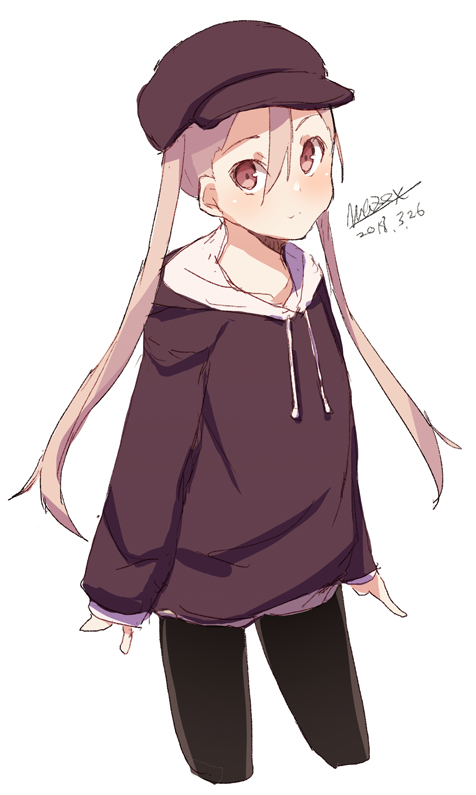 1girl bangs black_pants blush brown_eyes brown_hat brown_hoodie cabbie_hat closed_mouth collarbone dated drawstring hair_between_eyes hat hood hood_down hoodie light_brown_hair long_hair long_sleeves maze_(gochama_ze_gohan) original pants signature simple_background sketch sleeves_past_wrists solo twintails very_long_hair white_background