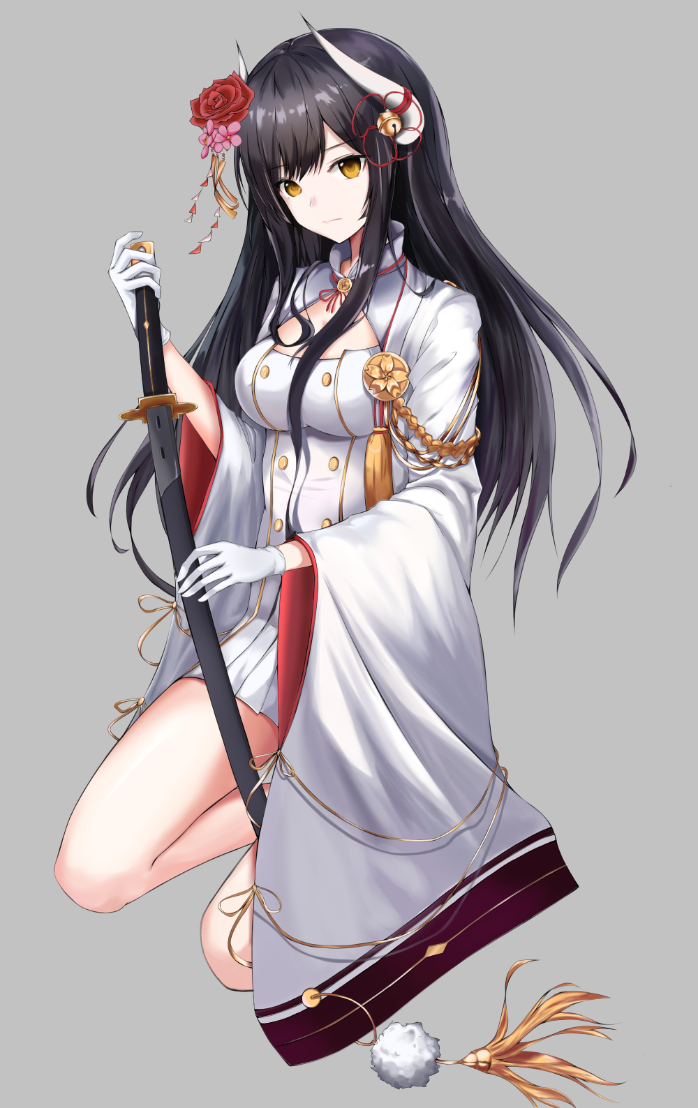 1girl aiguillette azur_lane bangs bell black_hair blush breasts cleavage cleavage_cutout closed_mouth coat expressionless eyebrows_visible_through_hair flower gloves hair_bell hair_flower hair_ornament hiei_(azur_lane) highres holding holding_sword holding_weapon horns jacket katana kneeling large_breasts long_hair long_sleeves looking_at_viewer military military_uniform peupeuking red_flower rose skirt smile solo sword tassel thighs uniform weapon white_gloves white_jacket white_skirt wide_sleeves yellow_eyes