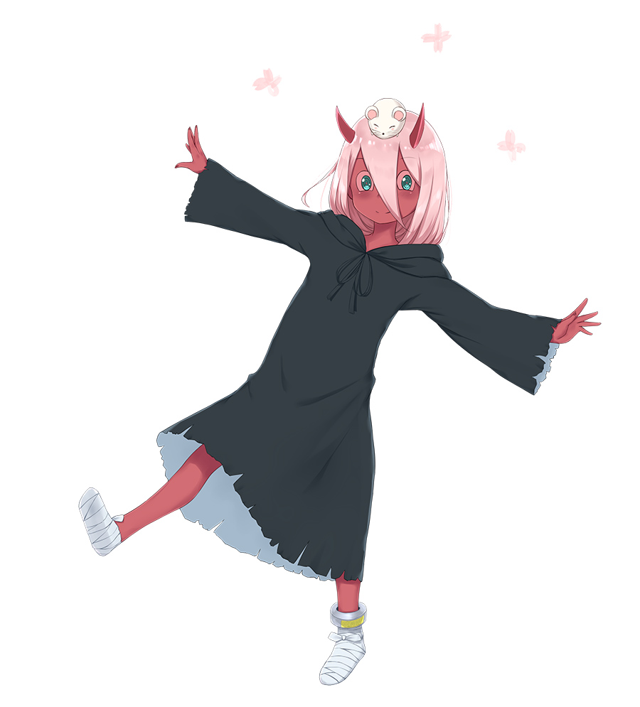 1girl animal animal_on_head bandage bandaged_feet bangs black_robe blush closed_mouth commentary_request darling_in_the_franxx eyebrows_visible_through_hair fingernails green_eyes hair_between_eyes hood hood_down hooded_robe horns long_hair long_sleeves looking_at_viewer mouse on_head pink_hair red_skin robe rumaki smile solo spoilers standing standing_on_one_leg white_background wide_sleeves zero_two_(darling_in_the_franxx)