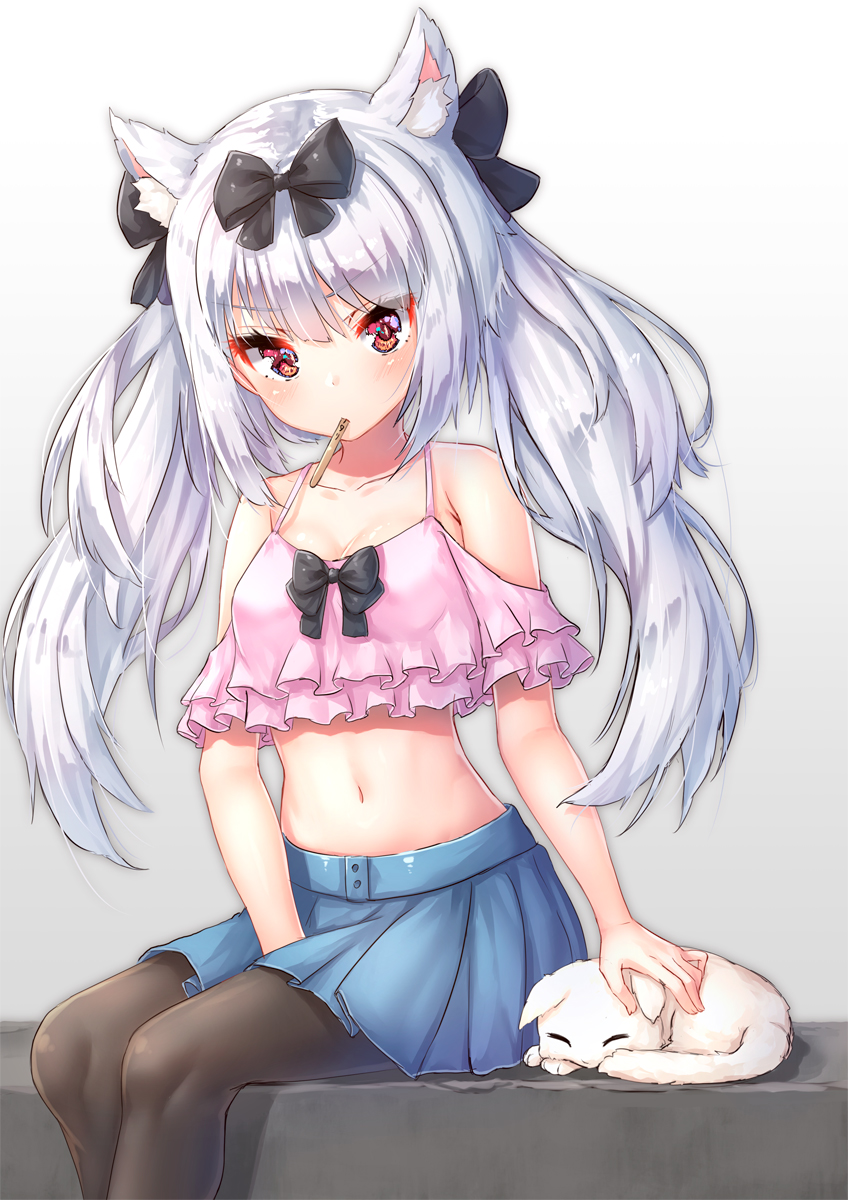 1girl alternate_costume animal animal_ears azur_lane bangs bare_shoulders between_legs black_bow black_legwear black_neckwear blue_skirt blush bow bowtie breasts casual cat cleavage collarbone commentary_request crop_top eyebrows_visible_through_hair eyelashes frilled_shirt frills hair_bow hand_between_legs highres layered_clothing long_hair looking_at_viewer midriff miniskirt mouth_hold navel orange_eyes pantyhose pensuke petting pink_shirt pleated_skirt popsicle_stick shirt sidelocks silver_hair simple_background sitting skirt small_breasts solo spaghetti_strap stomach twintails v-shaped_eyebrows white_cat yukikaze_(azur_lane)