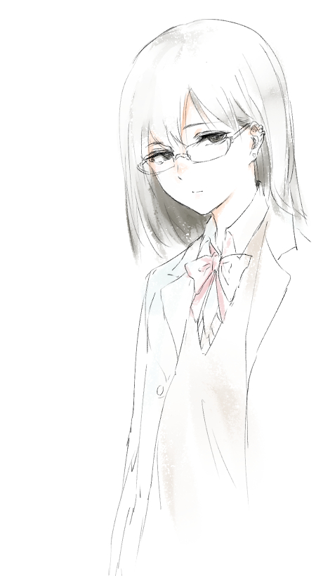 1girl black_eyes bow bowtie closed_mouth collared_shirt ear_piercing earrings expressionless glasses grey_hair hometa jacket jewelry looking_at_viewer original piercing shirt short_hair simple_background solo vest white_background wing_collar