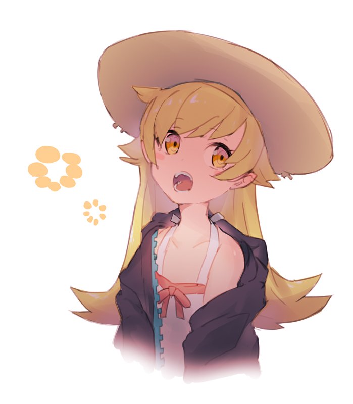 1girl bakemonogatari blonde_hair hat jacket long_hair monogatari_(series) open_mouth oshino_shinobu sun_hat yellow_eyes yoo_(tabi_no_shiori)