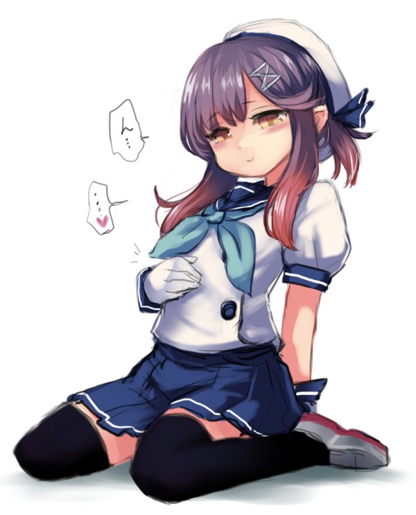1girl arm_support black_legwear blue_skirt blush brown_eyes closed_mouth commentary_request full_body gloves hair_ornament hairclip hand_on_own_stomach hat heart kantai_collection multicolored_hair pleated_skirt ponytail purple_hair sailor_hat school_uniform serafuku shoes short_hair_with_long_locks short_sleeves sitting skirt smile solo spoken_heart striped striped_skirt thigh-highs tsushima_(kantai_collection) utopia wariza white_background white_gloves white_hat