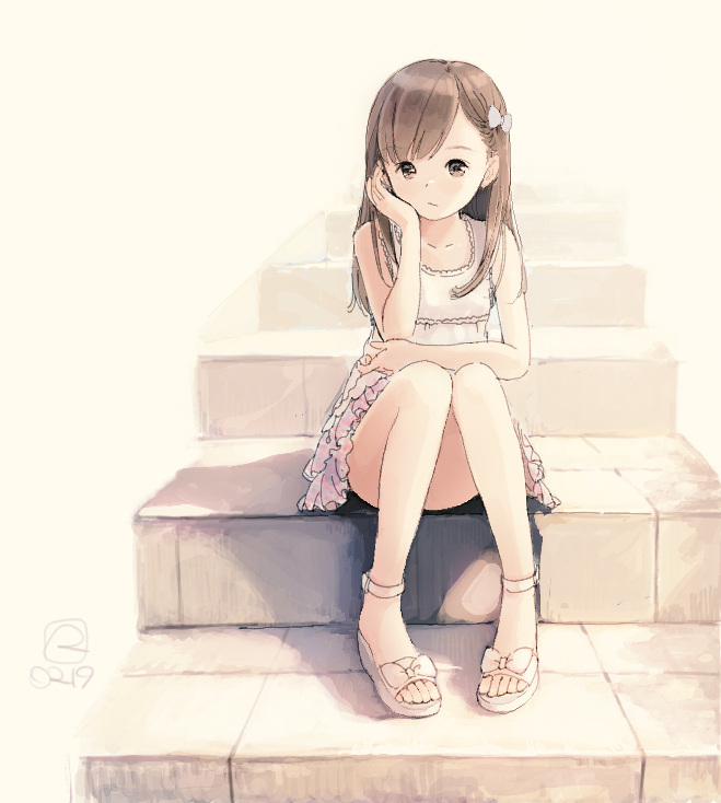 1girl arm_support bangs bare_arms bare_shoulders bow brown_background brown_eyes brown_hair closed_mouth collarbone convenient_leg dress eyebrows_visible_through_hair hair_bow kokudou_juunigou looking_away original sandals short_dress sitting sleeveless sleeveless_dress solo stairs stone_stairs toes white_bow white_dress white_footwear