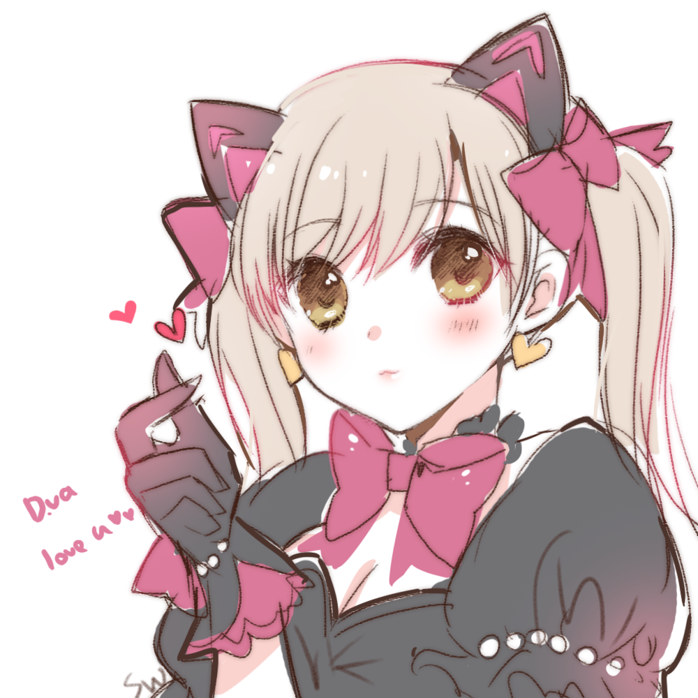 1girl animal_ears atobesakunolove black_cat_d.va black_gloves blonde_hair blush bow cat_ears character_name closed_mouth earrings eyebrows_visible_through_hair gloves green_eyes hair_bow hand_up heart heart_earrings jewelry long_hair looking_at_viewer mercy_(overwatch) overwatch pink_bow puffy_short_sleeves puffy_sleeves short_sleeves signature simple_background smile solo twintails white_background