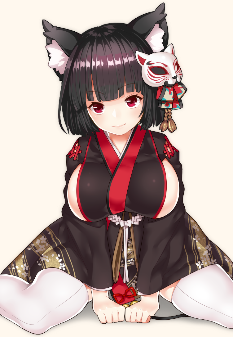 09x 1girl animal_ears azur_lane bangs beige_background between_legs black_hair black_kimono blush breasts cat_ears cat_mask closed_mouth commentary_request eyebrows_visible_through_hair hand_between_legs head_tilt japanese_clothes kimono large_breasts long_sleeves mask mask_on_head red_eyes short_hair short_kimono sideboob simple_background sitting smile solo thigh-highs wariza white_legwear wide_sleeves yamashiro_(azur_lane)