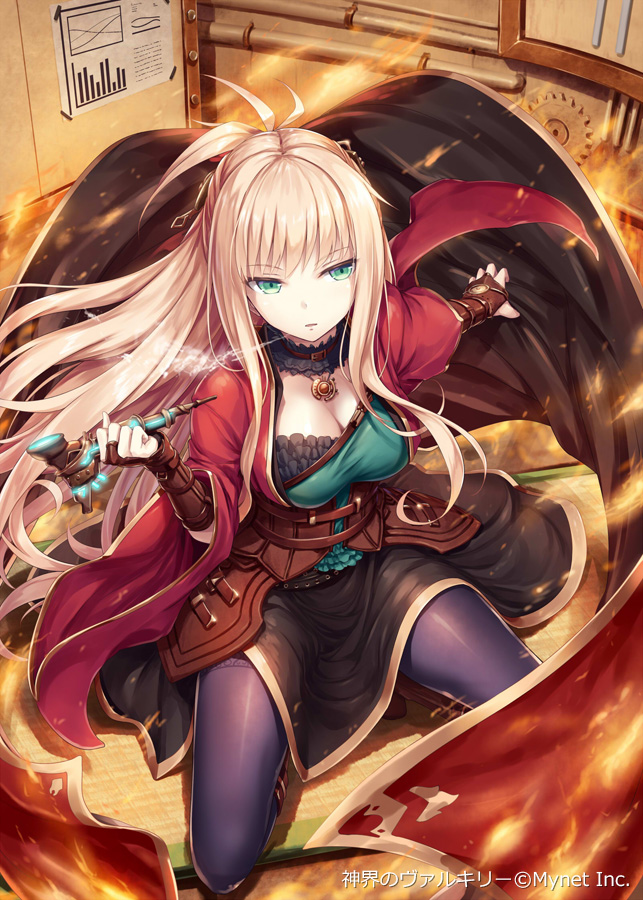 1girl akkijin blonde_hair blue_eyes breasts cape card_(medium) fire holding holding_pipe medium_breasts official_art pantyhose pipe red_cape shinkai_no_valkyrie smoke smoking solo workshop