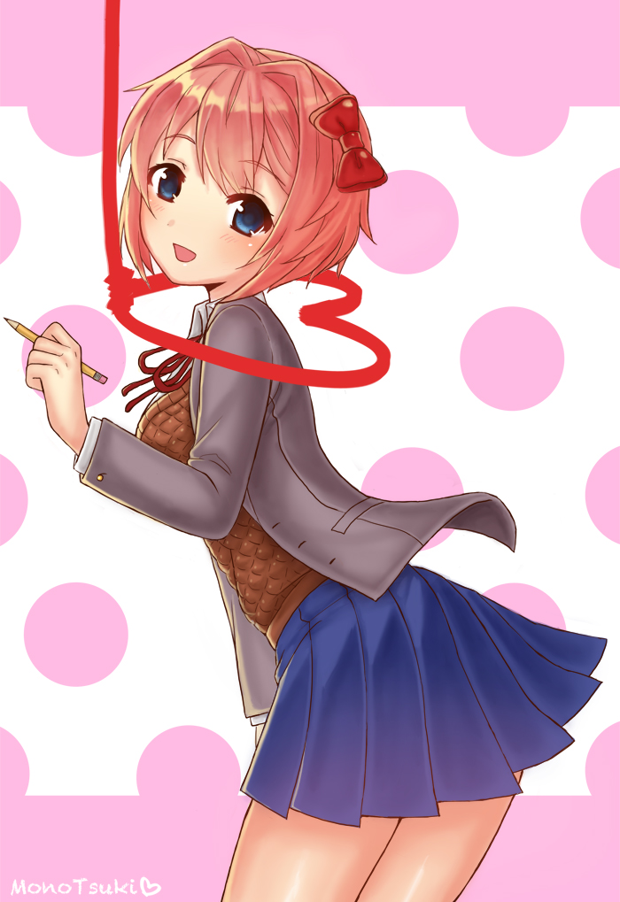 1girl :d artist_name bangs blazer blue_skirt blush bow brown_hair collared_shirt cowboy_shot doki_doki_literature_club eyebrows_visible_through_hair grey_jacket hair_bow hand_up heart holding holding_pencil jacket leaning_forward long_sleeves looking_at_viewer monotsuki neck_ribbon noose open_mouth pencil pink_background pink_hair pleated_skirt polka_dot polka_dot_background red_bow red_neckwear red_ribbon ribbon sayori_(doki_doki_literature_club) school_uniform shiny shiny_hair shirt short_hair signature simple_background skirt smile solo spoilers vest white_shirt wing_collar