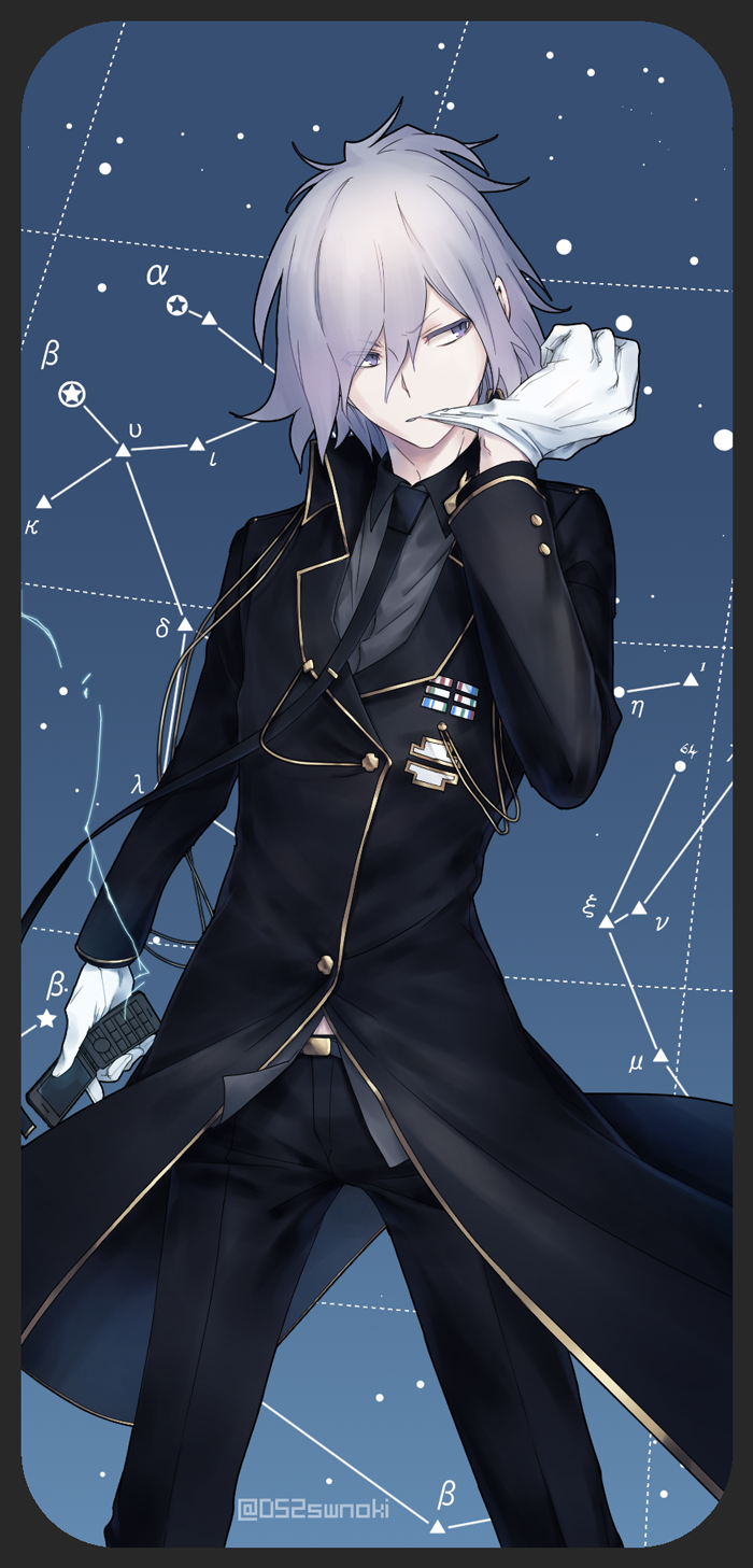1boy cellphone devil_survivor_2 grey_eyes grey_hair highres holding holding_cellphone holding_phone houtsuin_yamato long_coat looking_to_the_side male_focus megami_ibunroku_devil_survivor phone solo