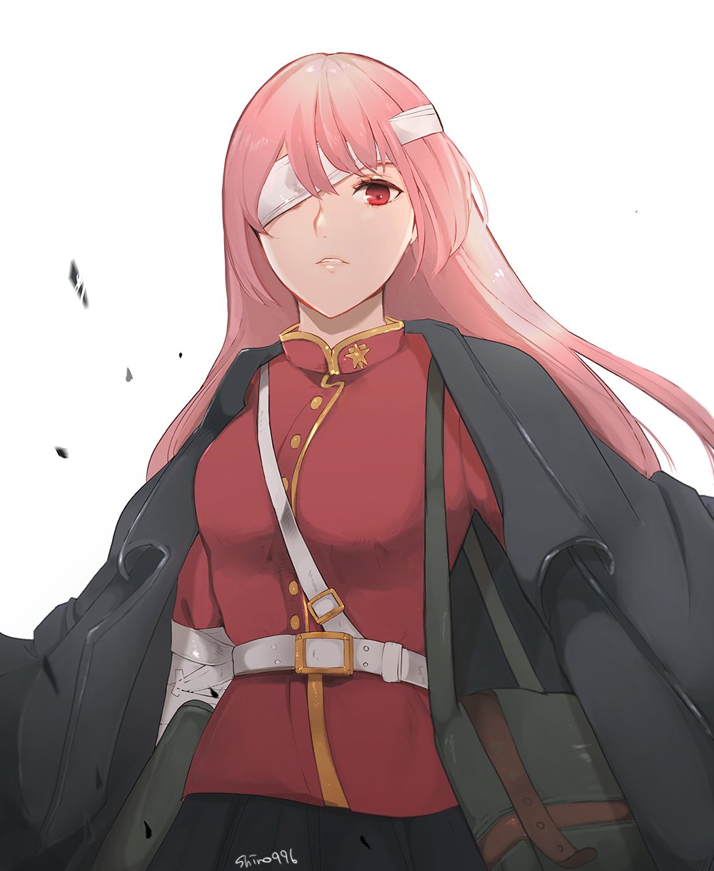 1girl arm_at_side arm_wrap artist_name bag black_jacket black_skirt blurry breasts buttons commentary_request fate/grand_order fate_(series) florence_nightingale_(fate/grand_order) green_background hair_over_one_eye highres jacket long_hair looking_at_viewer medium_breasts military military_uniform pink_hair pleated_skirt red_eyes red_shirt shino_(mufn5785) shirt shoulder_bag simple_background skirt solo uniform white_background white_belt