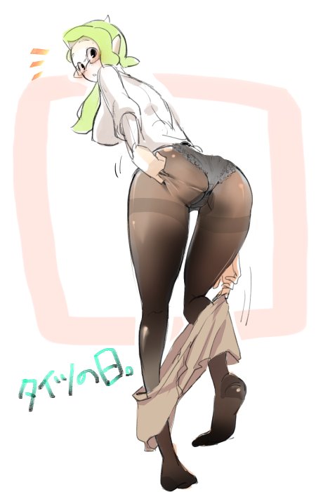 1girl :o adjusting_clothes adjusting_legwear ass black_legwear blush breasts brown_skirt from_behind full_body glasses green_hair hair_over_shoulder inkling legs long_hair long_sleeves looking_at_viewer looking_back medium_breasts miniskirt noshiro_(svnxyg) panties panties_under_pantyhose pantyhose parted_lips pointy_ears shirt skirt skirt_pull solo splatoon splatoon_2 standing standing_on_one_leg tentacle_hair thighband_pantyhose thighs tights_day translated underwear white_background white_shirt