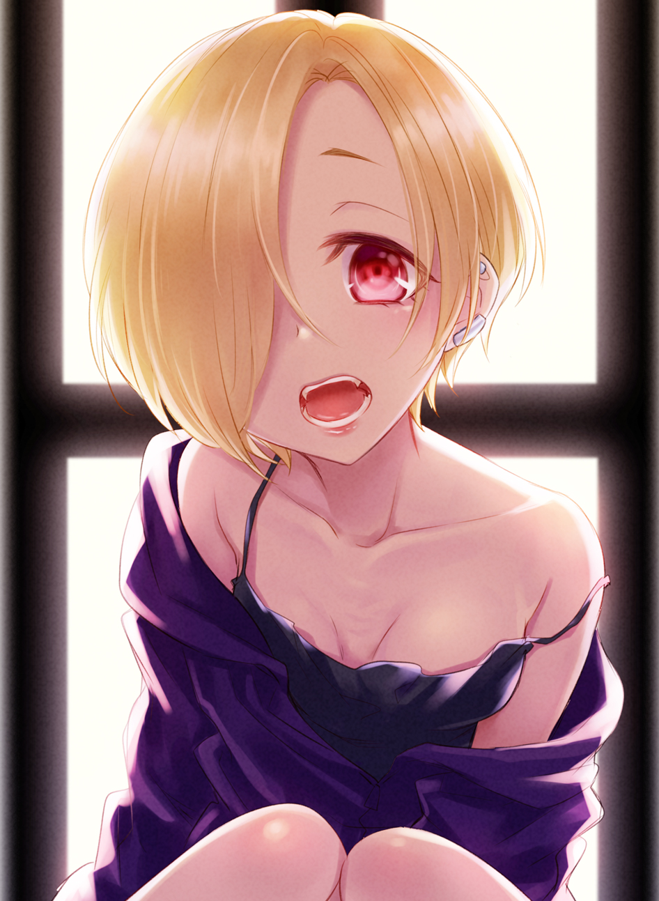 1girl backlighting bare_shoulders bared_teeth blonde_hair breasts camisole cleavage collarbone ear_piercing earrings hair_over_one_eye highres idolmaster idolmaster_cinderella_girls itsuki_jun jewelry looking_at_viewer medium_breasts off-shoulder_shirt open_mouth piercing purple_shirt red_eyes shirasaka_koume shirt short_hair solo strap_slip teeth upper_body window