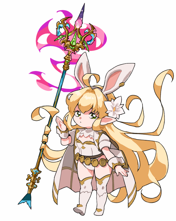 1girl ahoge animal_ears artist_request aura belt blonde_hair boots breasts bunny_girl bunnysuit cape closed_mouth commentary_request cosplay detached_collar djeeta_(granblue_fantasy) djeeta_(granblue_fantasy)_(cosplay) eyebrows_visible_through_hair fake_animal_ears flower full_body granblue_fantasy green_eyes hair_flower hair_ornament hand_up harvin headband holding holding_spear holding_weapon jewelry leotard long_hair looking_at_viewer loose_belt melissabelle pointy_ears polearm puffy_short_sleeves puffy_sleeves rabbit_ears sage_(granblue_fantasy) short_sleeves simple_background single_earring small_breasts solo spear standing tagme thigh-highs thigh_boots turtleneck very_long_hair weapon white_background white_footwear white_legwear white_leotard wrist_cuffs