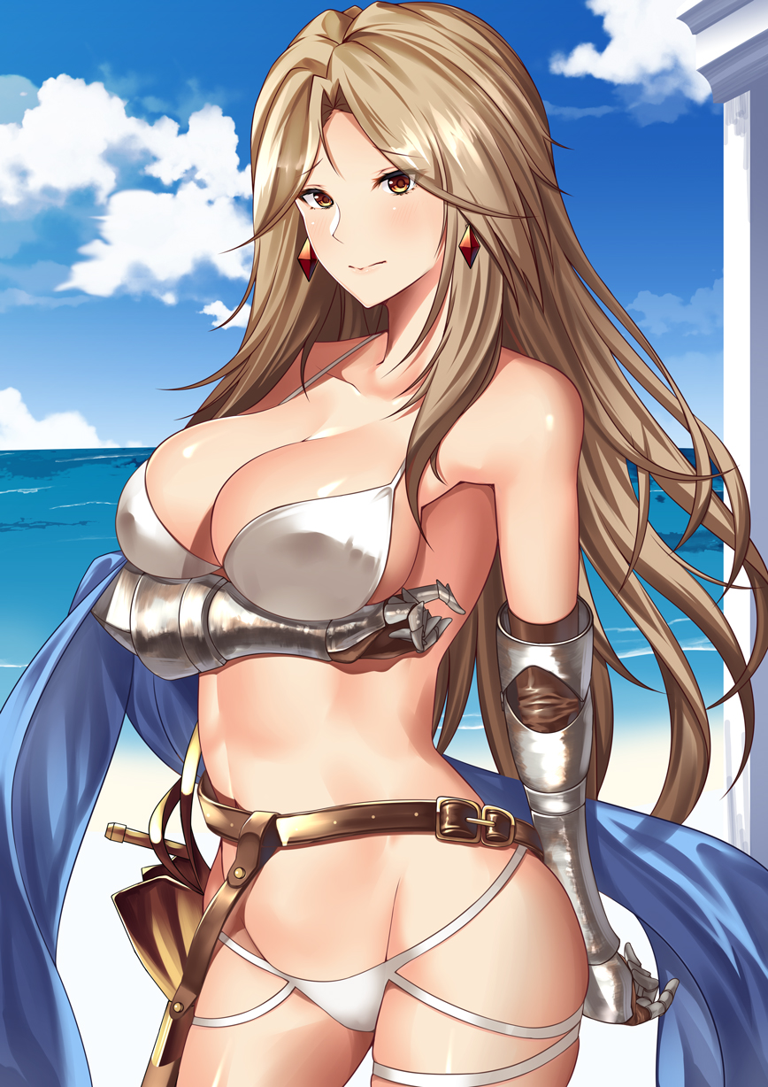 1girl bangs bare_shoulders beach belt bikini blue_sky blush breast_hold breasts brown_eyes brown_gloves brown_hair cleavage closed_mouth collarbone earrings elbow_gloves gauntlets gloves granblue_fantasy highres hips inuikentarou_(mfwt5357) jewelry katalina_aryze large_breasts long_hair looking_at_viewer navel ocean outdoors parted_bangs sky solo swimsuit sword thighs waist weapon white_bikini