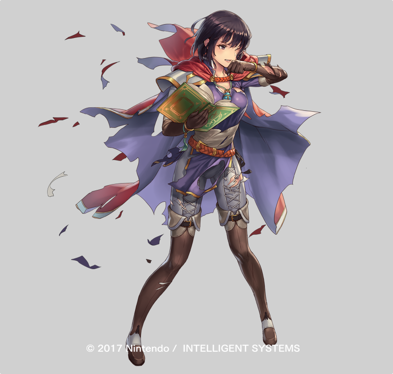 1girl black_hair book boots bracelet brown_eyes cape company_name cuboon fire_emblem fire_emblem:_thracia_776 fire_emblem_heroes full_body gloves grey_background jewelry necklace official_art olwen_(fire_emblem) one_eye_closed simple_background solo teeth torn_clothes