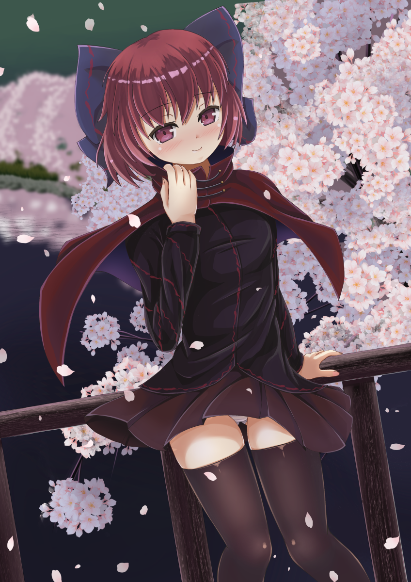 1girl akizuki_(akizuki71) black_shirt blue_bow bow cape cherry_blossoms hair_bow high_collar highres long_sleeves looking_at_viewer miniskirt outdoors panties pantyshot pantyshot_(standing) petals red_cape red_eyes red_skirt redhead sekibanki shirt short_hair skirt smile solo standing touhou tree underwear white_panties