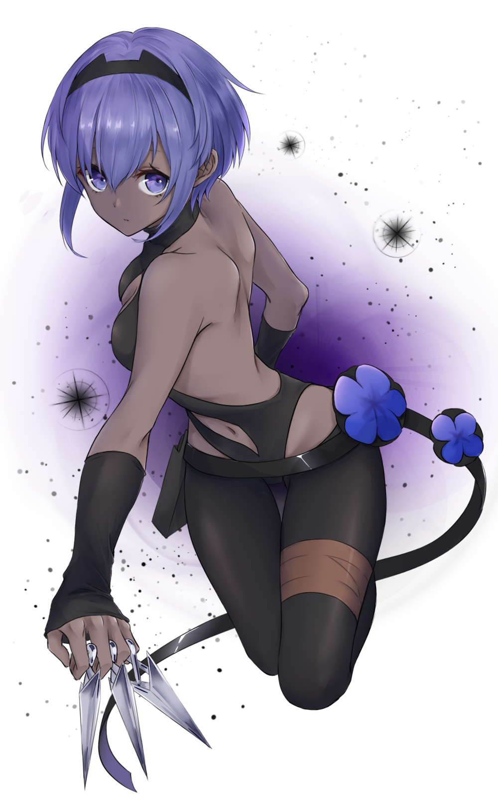 1girl aoyashio_rin backless_outfit bangs bare_shoulders between_fingers black_bodysuit black_hairband bodysuit breasts cleavage closed_mouth commentary_request dark_skin detached_sleeves fate/prototype fate/prototype:_fragments_of_blue_and_silver fate_(series) hair_between_eyes hairband hassan_of_serenity_(fate) highres holding holding_weapon kunai long_sleeves looking_at_viewer medium_breasts navel navel_cutout purple_hair shoulder_blades sleeves_past_wrists solo violet_eyes weapon white_background