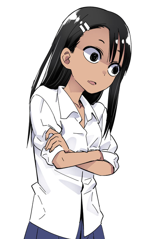 1girl 774_(nanashi) @_@ blue_skirt collared_shirt crossed_arms fang ijiranaide_nagatoro-san nagatoro parted_lips popped_collar shaded_face shirt simple_background skirt sleeves_rolled_up solo standing white_background white_shirt wide-eyed wing_collar
