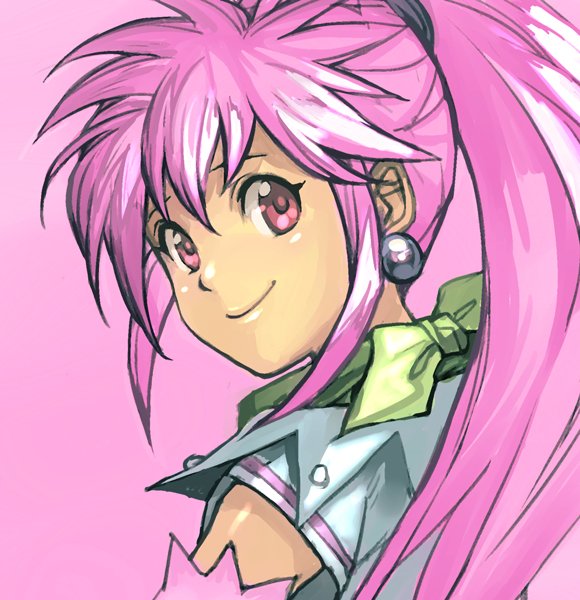 1girl arche_klein bangs bow closed_mouth commentary_request earrings green_bow hankuri jewelry long_hair looking_at_viewer looking_back pink_background pink_eyes pink_hair simple_background smile solo tales_of_(series) tales_of_phantasia upper_body