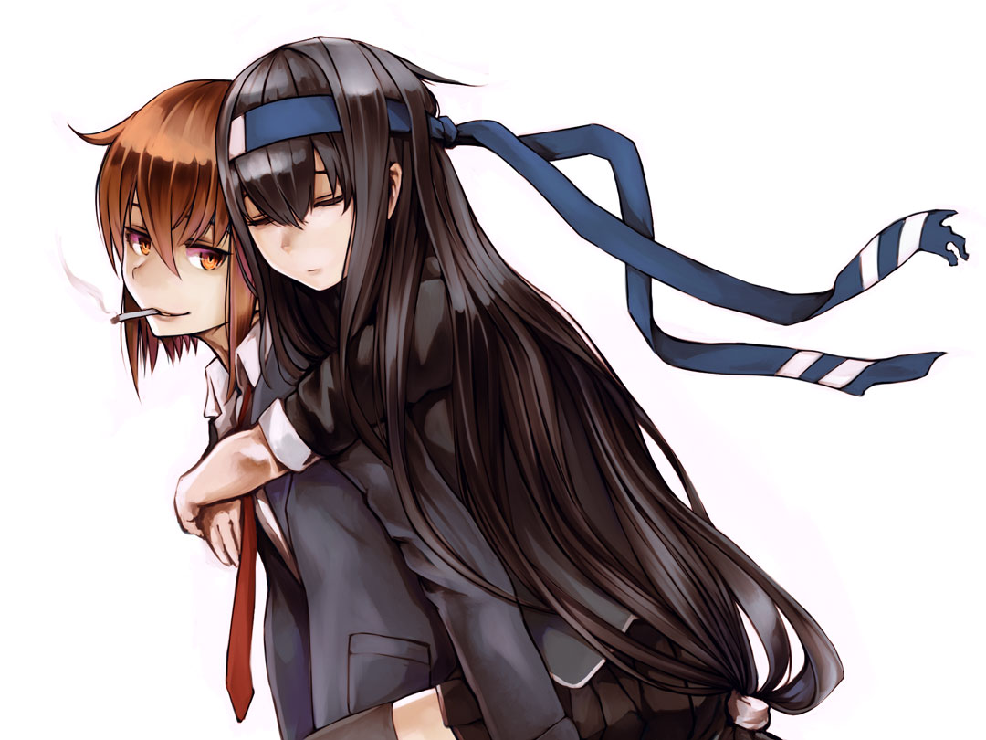 2girls black_hair brown_eyes brown_hair carrying cigarette commentary_request hatsushimo_(kantai_collection) headband kantai_collection kurou_(bcrow) long_hair multiple_girls necktie piggyback pleated_skirt remodel_(kantai_collection) short_hair simple_background skirt sleeping smoking wakaba_(kantai_collection) white_background