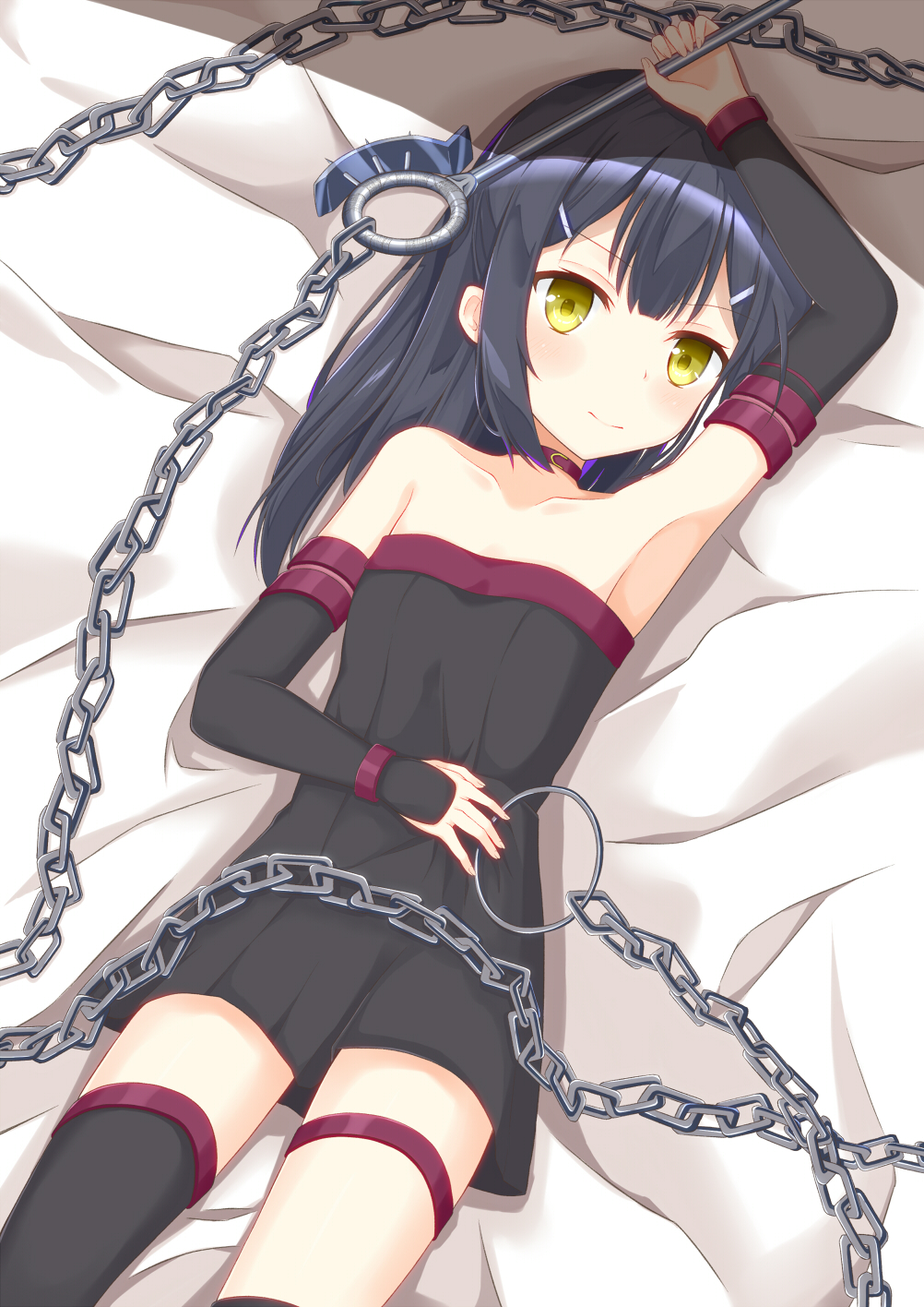 1girl arm_up aroma0501 asymmetrical_legwear bangs bare_shoulders bed_sheet black_dress black_hair black_legwear blush breasts chains closed_mouth collarbone commentary_request cosplay detached_sleeves dress eyebrows_visible_through_hair fate/kaleid_liner_prisma_illya fate/stay_night fate_(series) fingernails hair_between_eyes highres holding long_hair long_sleeves looking_at_viewer lying miyu_edelfelt nameless_dagger on_back rider rider_(cosplay) sidelocks sleeves_past_wrists small_breasts solo strapless strapless_dress thigh-highs yellow_eyes