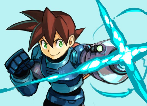 1boy armor blue_background brown_hair cannon closed_mouth commentary_request gauntlets green_eyes hair_between_eyes hankuri male_focus rock_volnutt rockman rockman_dash simple_background smile solo standing