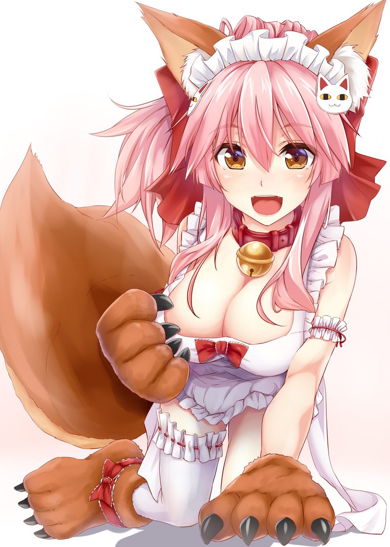 1girl :d all_fours alternate_costume animal_ears apron arm_garter bare_shoulders bell bell_collar blush bow breasts cat_hair_ornament cleavage collar commentary_request eyebrows_visible_through_hair fate/grand_order fate_(series) fox_ears fox_tail frilled_apron frilled_legwear frills gloves gradient gradient_background hair_between_eyes hair_bow hair_ornament hand_up jingle_bell kue large_breasts looking_at_viewer maid_headdress open_mouth paw_gloves paws pink_background pink_hair red_bow red_collar sidelocks single_thighhigh smile solo tail tamamo_(fate)_(all) tamamo_no_mae_(fate) thigh-highs white_apron white_background white_legwear yellow_eyes