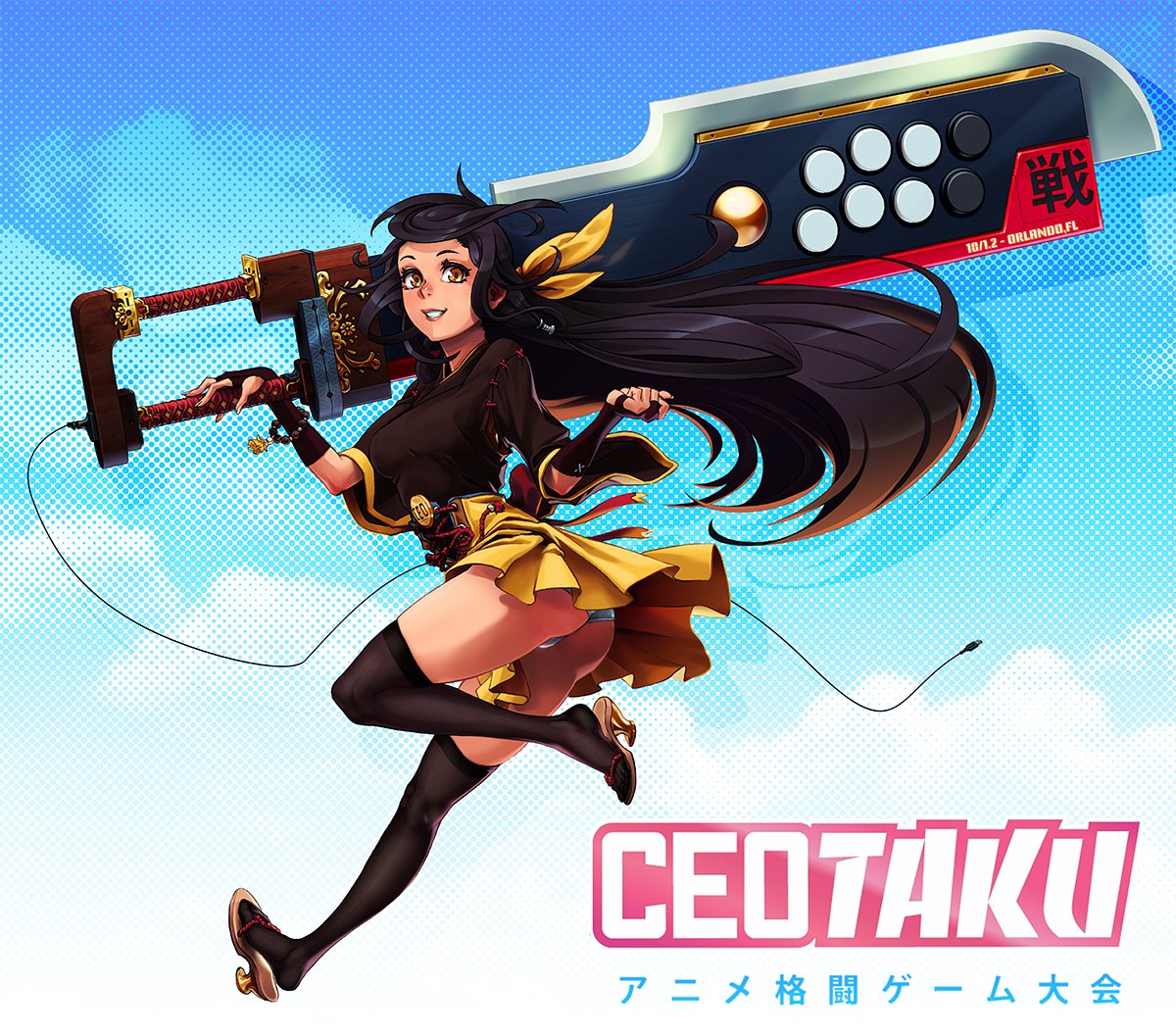 1girl arcade_stick ass black_hair black_legwear brown_eyes cable ceotaku commentary controller fingerless_gloves game_controller gloves hair_ribbon high_heels holding holding_sword holding_weapon huge_weapon japanese_clothes joystick kanta-kun long_hair looking_at_viewer mascot original over_shoulder pantyshot_(jumping) ribbon sandals shiyo_(ceotaku) skirt solo sword thigh-highs toes very_long_hair weapon weapon_over_shoulder yellow_ribbon