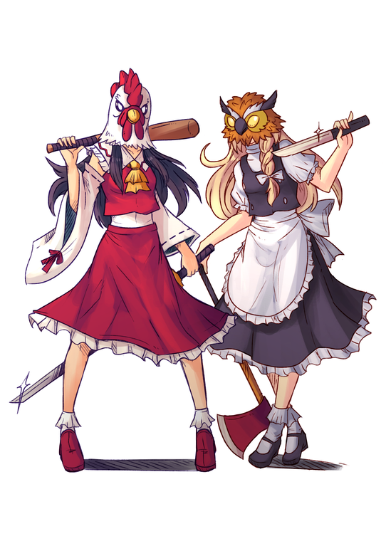 2girls axe baseball_bat cosplay crossover dual_wielding fire_axe glint gzei hakurei_reimu hotline_miami katana kirisame_marisa mask multiple_girls rasmus_(hotline_miami) richard_(hotline_miami) sword touhou weapon