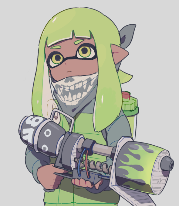 1girl :| bandana_over_mouth bangs blunt_bangs closed_mouth commentary dark_skin domino_mask gomi_(kaiwaresan44) green_coat green_eyes green_hair grey_background ink_tank_(splatoon) inkling long_hair mask pointy_ears range_blaster_(splatoon) skull_print solo splatoon splatoon_1 squidbeak_splatoon standing tentacle_hair upper_body