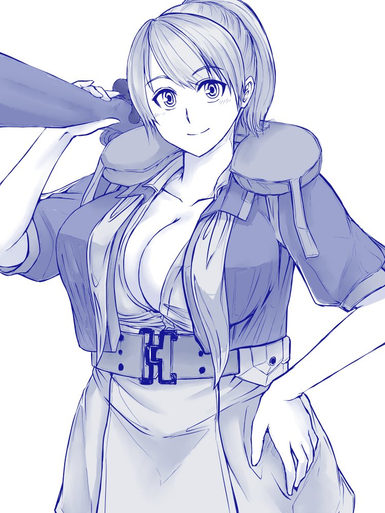 1girl belt blue breasts cowboy_shot enu_(n_storage) gun hand_on_hip intrepid_(kantai_collection) kantai_collection large_breasts looking_at_viewer m1903_springfield monochrome neck_pillow no_bra open_clothes open_shirt ponytail rifle short_hair short_sleeves simple_background smile solo weapon