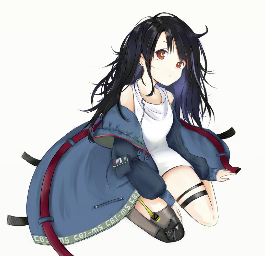 1girl ahoge arm_at_side arm_strap bangs belt_boots between_legs black_hair black_legwear boots c-ms_(girls_frontline) closed_mouth clothes_writing coat collarbone dress expressionless girls_frontline green_legwear grey_background hair_over_one_eye hand_between_legs head_tilt long_hair looking_at_viewer messy_hair microdress mole mole_under_eye multicolored_coat multiple_belts off_shoulder open_clothes open_coat pocket pouch qian_qian_hua red_eyes sidelocks simple_background single_knee_pad single_sock single_thighhigh sitting socks solo strap thigh-highs thigh_strap white_dress yokozuwari zipper