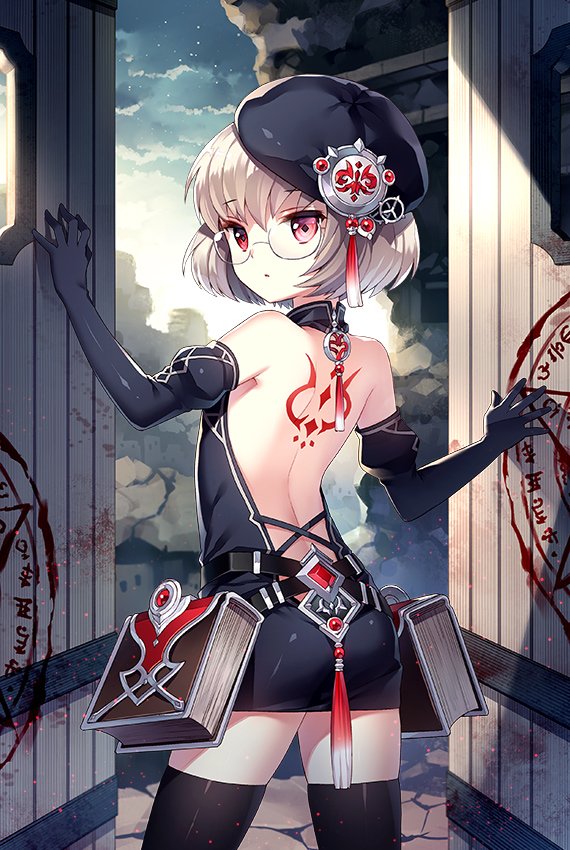 1girl backless_outfit bangs bare_back bare_shoulders belt beret black_dress black_legwear bob_cut book chain_chronicle clouds commentary_request dawn dress elbow_gloves eyebrows_visible_through_hair from_behind glasses gloves grey_hair halterneck hat indoors looking_at_viewer looking_back multiple_belts nardack official_art parted_lips red_eyes short_dress short_hair solo tattoo thigh-highs zettai_ryouiki