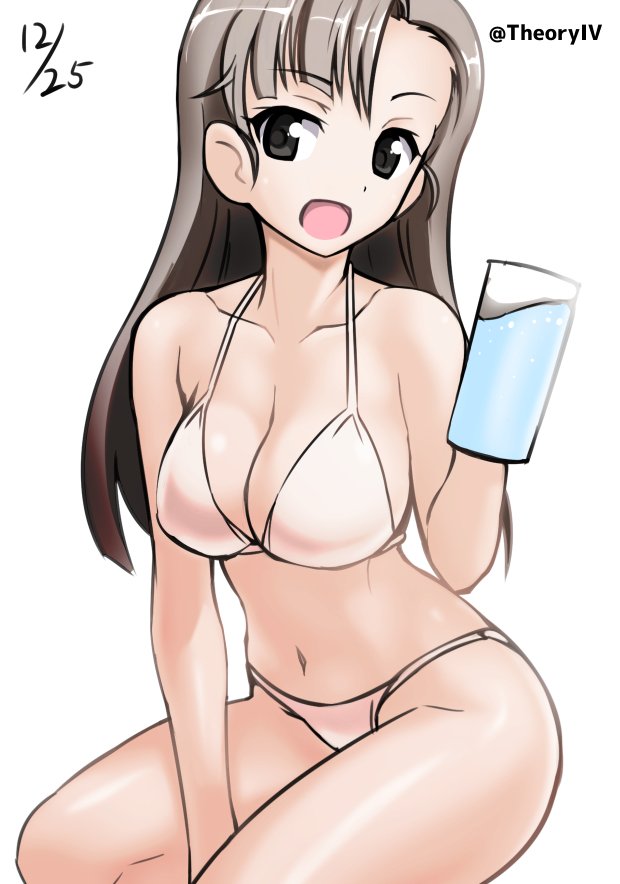 1girl :d aegis_(nerocc) asymmetrical_bangs bangs bikini breasts brown_eyes brown_hair cleavage commentary_request cup dated eyebrows_visible_through_hair girls_und_panzer holding invisible_chair long_hair looking_at_viewer medium_breasts mug navel nishi_kinuyo open_mouth sitting smile solo swimsuit twitter_username white_bikini