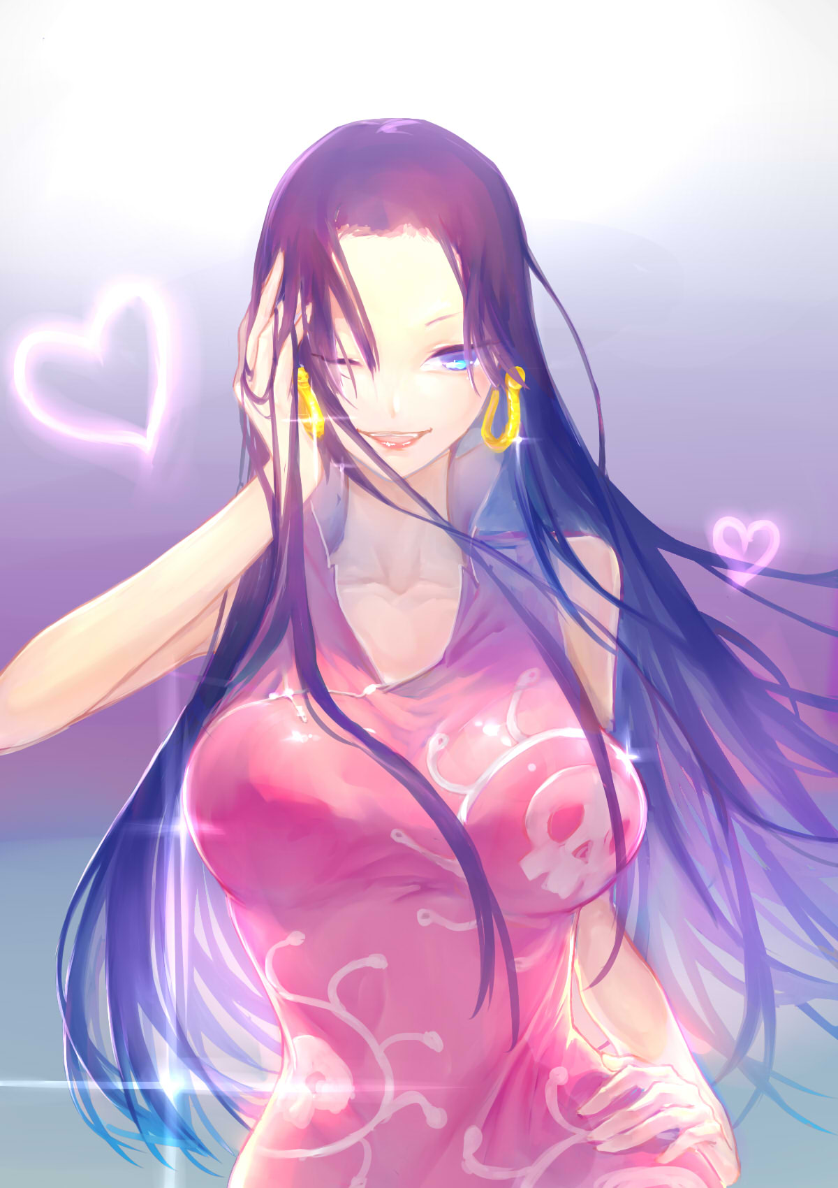 1girl black_hair blue_eyes boa_hancock boku. breasts dress earrings glitter hand_in_hair heart highres jewelry large_breasts lipstick long_hair makeup one_eye_closed one_piece pale_skin skull_print smile snake_print solo sparkle teeth upper_body