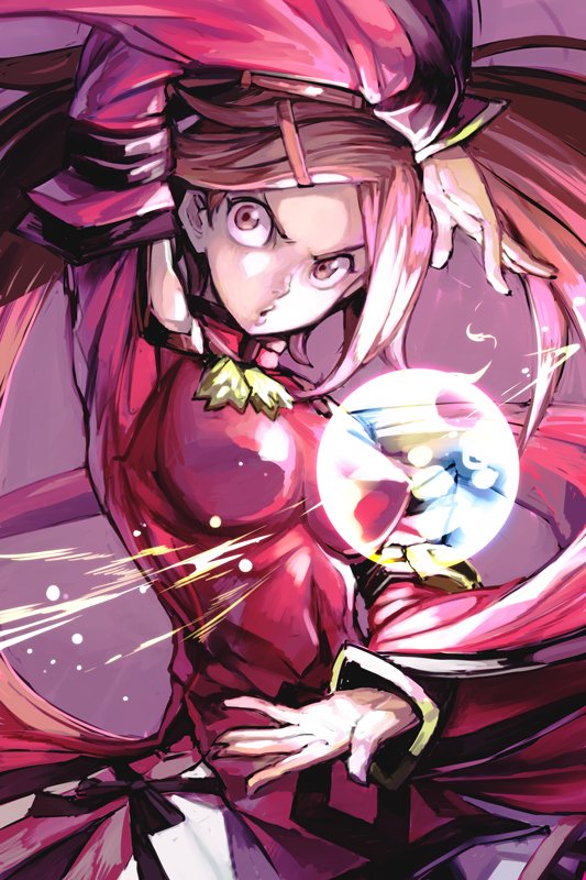 1girl breasts brown_eyes brown_hair commentary_request detached_sleeves dress guilty_gear hair_ornament hair_ring hairclip hand_up hankuri impossible_clothes impossible_dress kuradoberi_jam long_sleeves looking_at_viewer medium_breasts o-ring parted_lips red_dress solo twintails upper_body