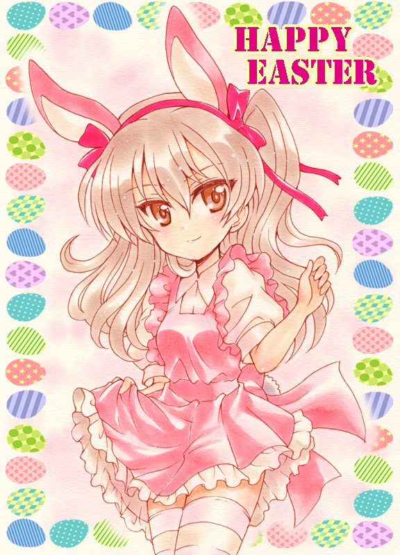 1girl animal_ears bangs bow brown_eyes burafu closed_mouth commentary_request dress dress_shirt easter_egg egg english eyebrows_visible_through_hair frilled_dress frills girls_und_panzer hair_ribbon happy_easter holding kemonomimi_mode large_bow light_brown_hair long_hair looking_at_viewer pink_dress pink_legwear pink_ribbon puffy_short_sleeves puffy_sleeves rabbit_ears ribbon shimada_arisu shirt short_dress short_sleeves side_ponytail skirt_hold smile solo standing striped striped_legwear thigh-highs white_shirt wing_collar