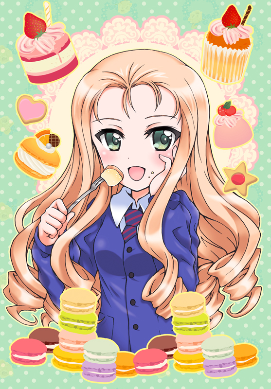 1girl bc_freedom_school_uniform blonde_hair blue_neckwear blue_sweater burafu cardigan commentary_request cookie cupcake diagonal_stripes dress_shirt drill_hair eating food food_on_face food_request fork fruit girls_und_panzer green_background green_eyes hand_on_own_cheek holding holding_food long_hair long_sleeves looking_at_viewer marie_(girls_und_panzer) necktie open_mouth polka_dot polka_dot_background red_neckwear school_uniform shirt smile solo strawberry striped striped_neckwear sweater upper_body white_shirt wing_collar