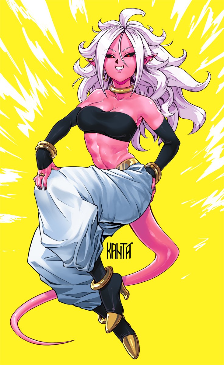 1girl android_21 android_21_(evil) anklet big_hair black_nails black_sclera boots breasts choker cleavage commentary detached_sleeves dragon_ball dragon_ball_fighterz ear_piercing earrings full_body grin hand_on_hip hand_on_own_knee harem_pants high_heel_boots high_heels highres hoop_earrings jewelry kanta-kun long_hair looking_at_viewer majin_android_21 medium_breasts monster_girl nail_polish navel pants piercing pink_skin pointy_ears red_eyes ring silver_hair smile solo stomach strapless tail toned tubetop