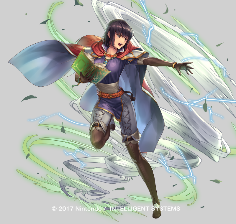 1girl black_hair book boots bracelet brown_eyes cape company_name cuboon fire_emblem fire_emblem:_thracia_776 fire_emblem_heroes full_body gloves grey_background jewelry leaf necklace official_art olwen_(fire_emblem) open_mouth simple_background solo teeth wind