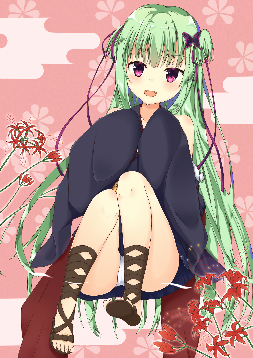1girl :d aroma0501 bangs bare_shoulders black_kimono blue_skirt blush brown_footwear butterfly_hair_ornament collarbone commentary_request egasumi eyebrows_visible_through_hair flower green_hair hair_ornament hair_ribbon highres japanese_clothes kimono long_hair long_sleeves looking_at_viewer murasame_(senren) obi open_mouth panties purple_ribbon red_flower ribbon sash senren_banka short_kimono sitting skirt sleeves_past_fingers sleeves_past_wrists smile solo toenails two_side_up underwear upper_teeth very_long_hair violet_eyes white_panties