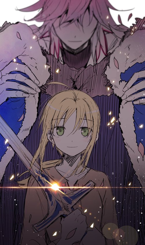 1boy 1girl ahoge artoria_pendragon_(all) blonde_hair blue_cape cape closed_mouth covered_eyes eyebrows_visible_through_hair fate/stay_night fate_(series) fur_trim glint green_eyes height_difference holding holding_sword holding_weapon light_smile looking_at_viewer merlin_(fate/stay_night) purple_hair saber seucapeu smile solo_focus sword two-handed weapon younger