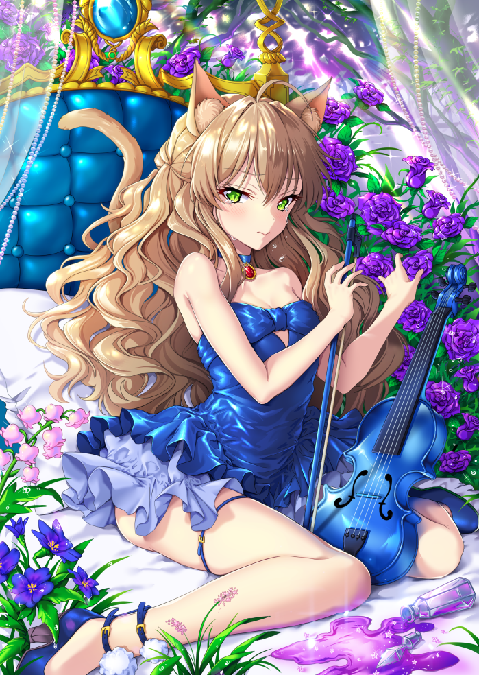 1girl ahoge animal_ears bangs bare_arms bare_shoulders blue_choker blue_dress blue_footwear blush breasts cat_ears cat_girl cat_tail choker cleavage closed_mouth collarbone commentary_request crying crying_with_eyes_open curly_hair dress eyebrows_visible_through_hair flower green_eyes hair_between_eyes holding instrument light_brown_hair long_hair looking_at_viewer original pink_flower potion purple_flower purple_rose rose shoes sitting small_breasts solo spill strapless strapless_dress tail tears transparent uchuu_gorira very_long_hair violin wariza